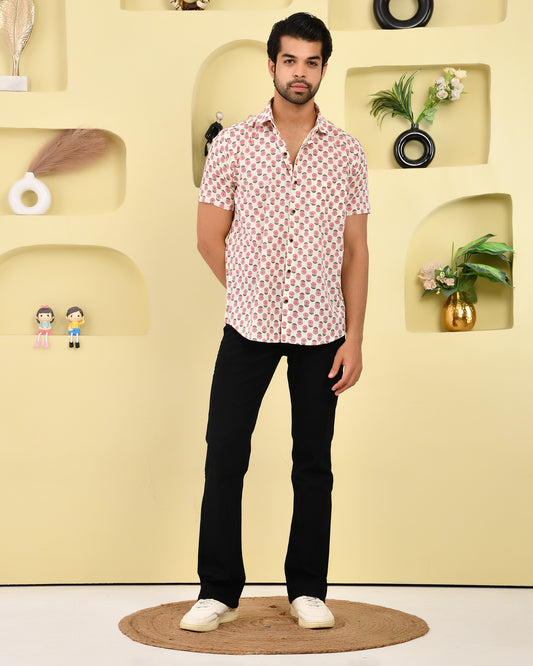 Coral Blossom Print Men's Half Sleeves Shirt