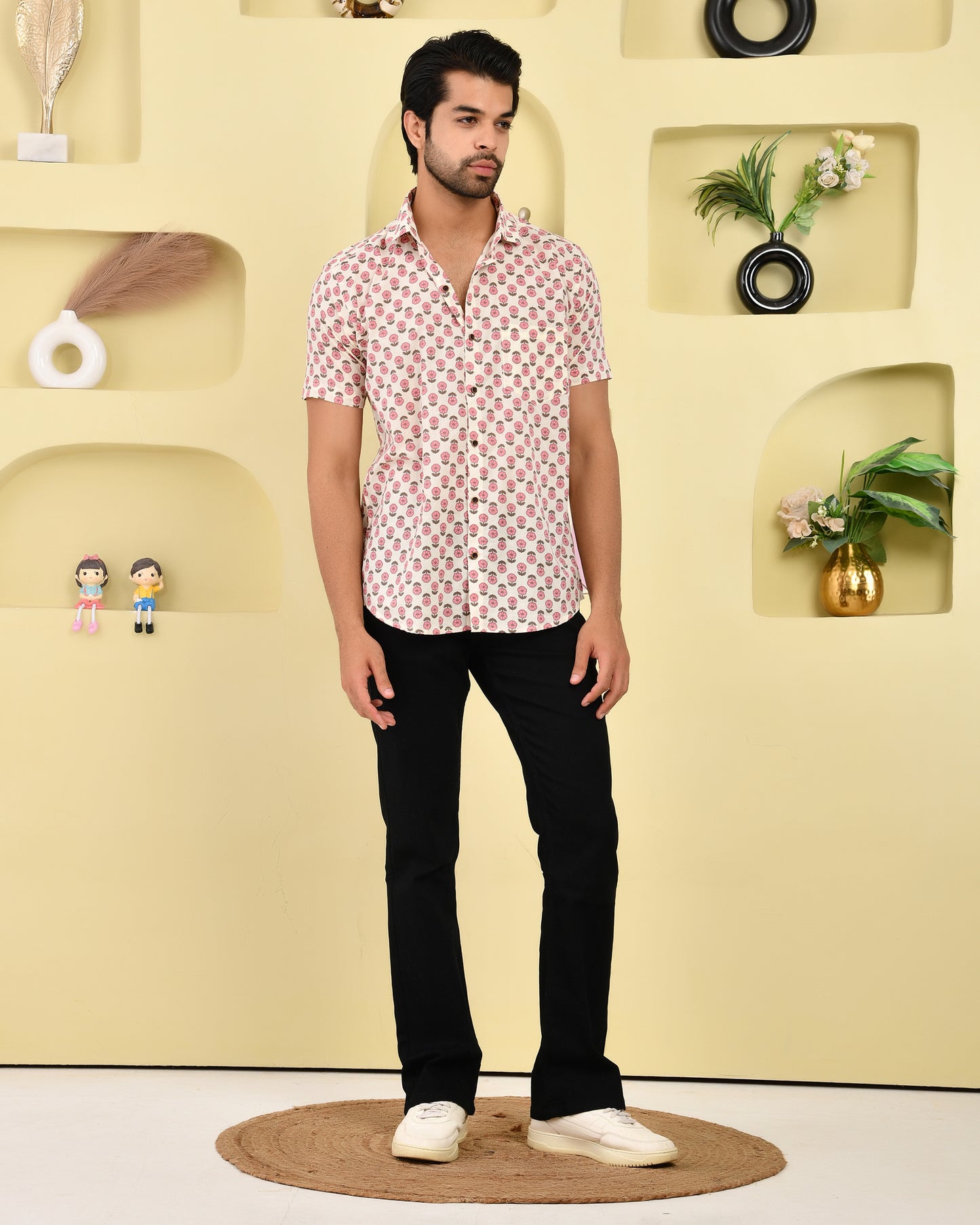 Coral Blossom Print Men's Half Sleeves Shirt