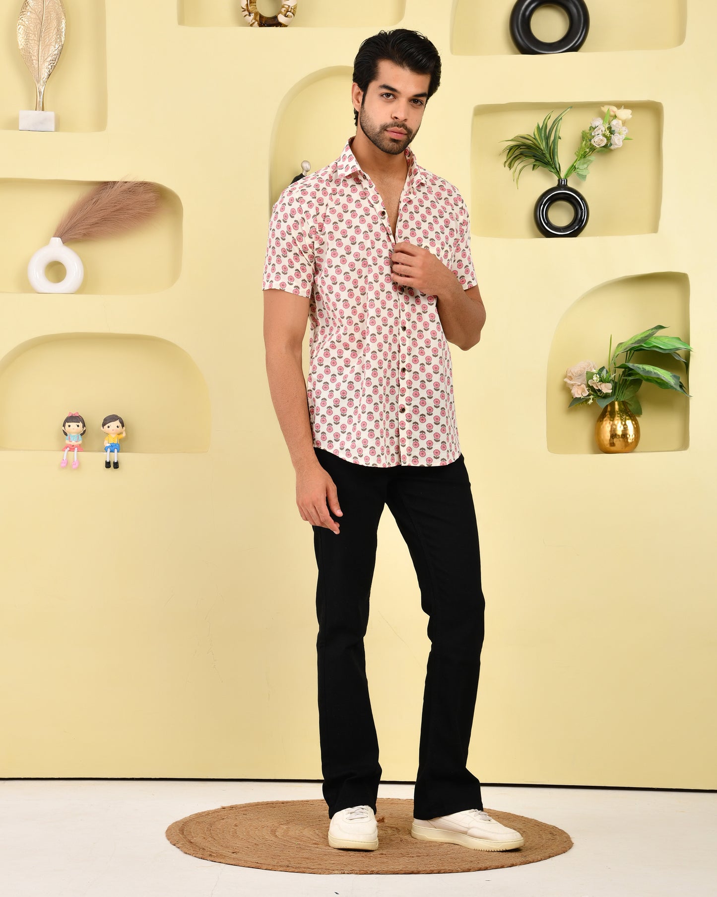 Coral Blossom Print Men's Half Sleeves Shirt