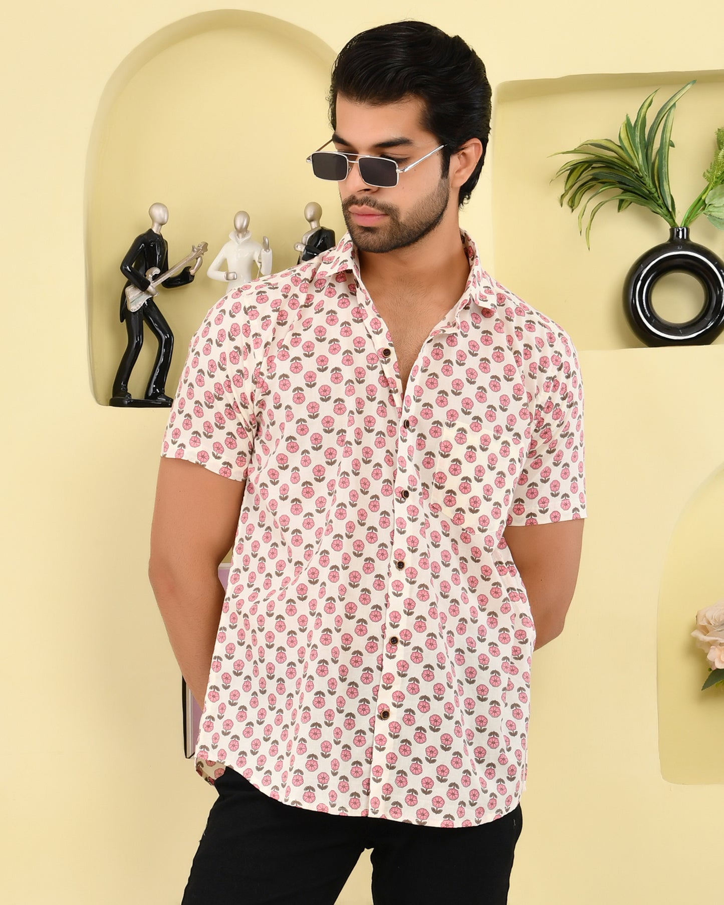 Coral Blossom Print Men's Half Sleeves Shirt