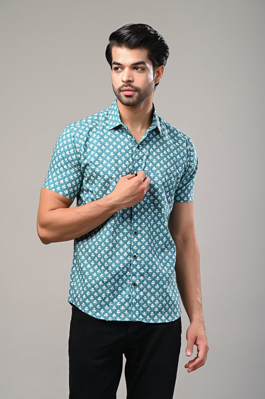 Teal Breeze Printed Men’s Half Sleeve Shirt