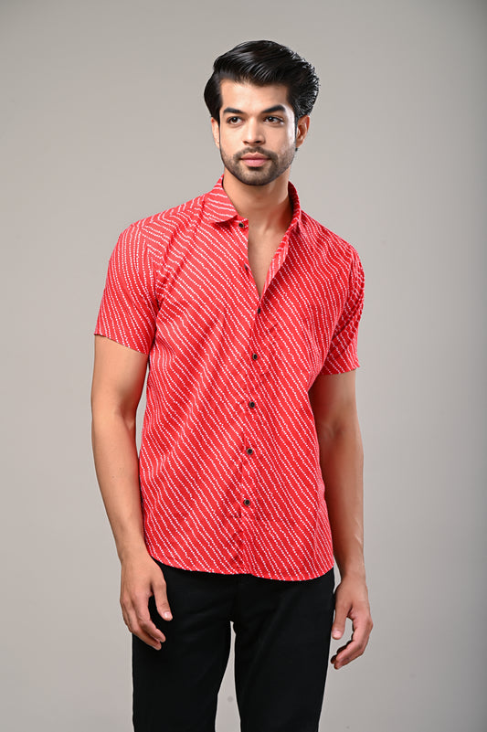 Red Bandhej Print Men’s Half Sleeve Shirt
