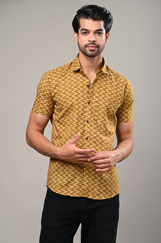 Zig Zag Mustard Print Men’s Half Sleeve Shirt