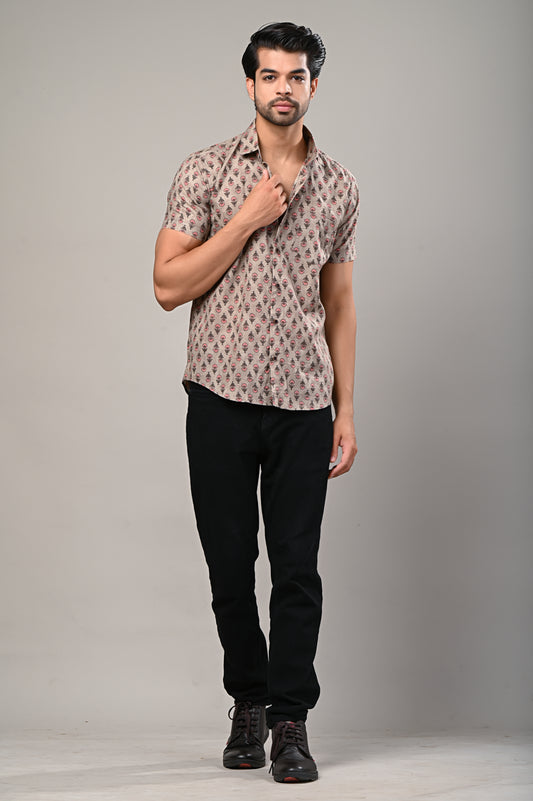 Beige Floral Print Men's Shirt