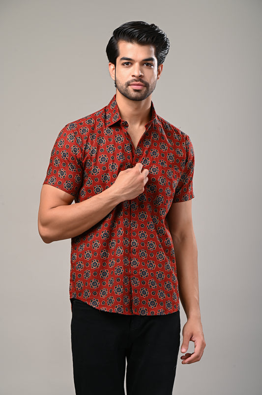 Maroon Ajrak Print Men’s Half Sleeve Shirt