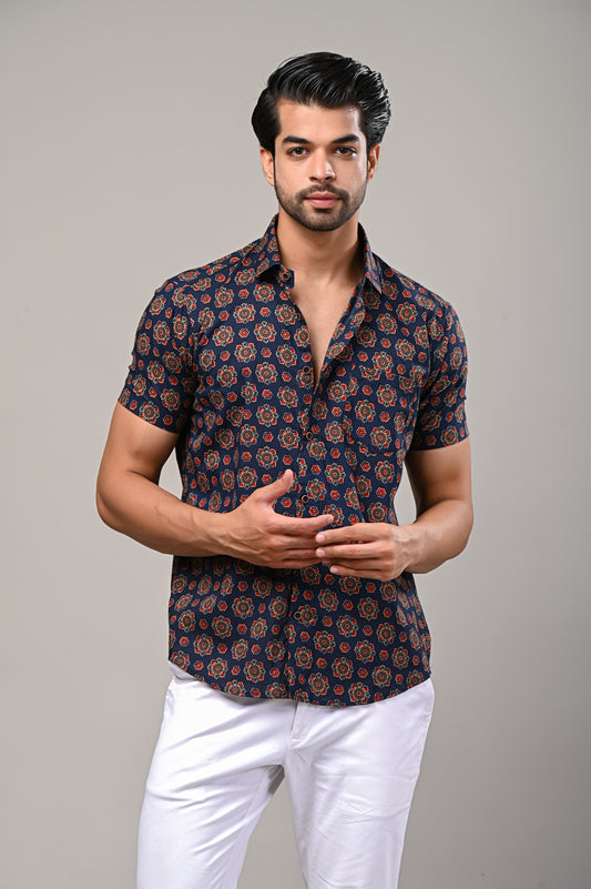 Blue Ajrak Print Men’s Half Sleeve Shirt