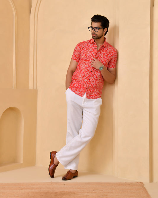 Red Bandhej Half Sleeves Shirt