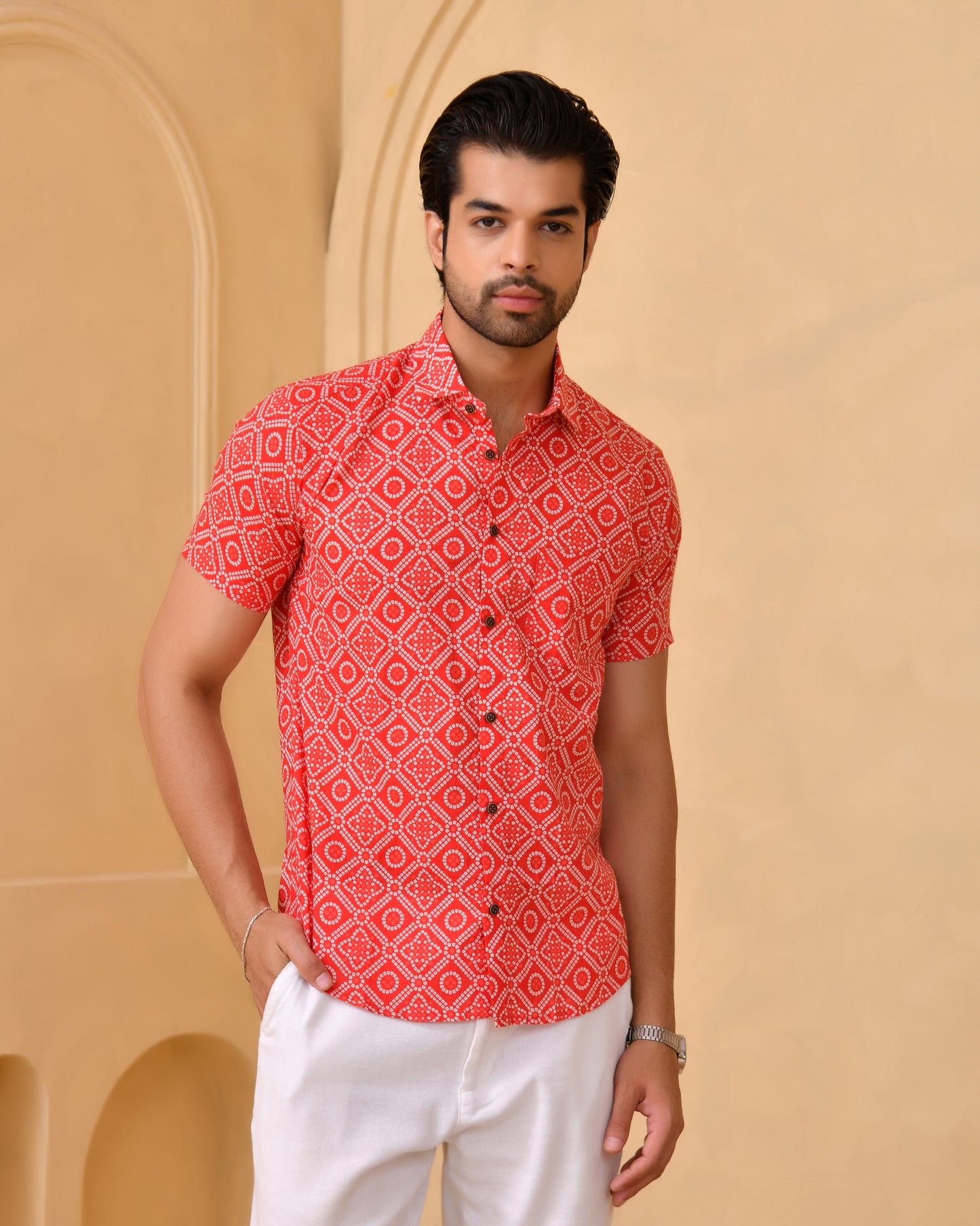 Red Bandhej Half Sleeves Shirt