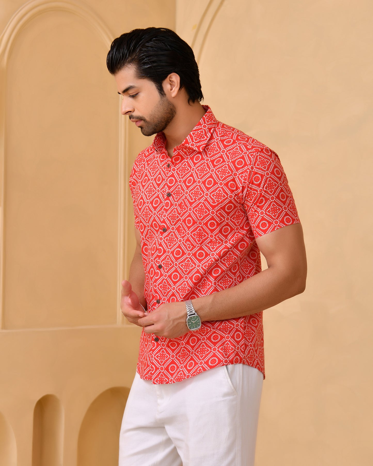 Red Bandhej Half Sleeves Shirt
