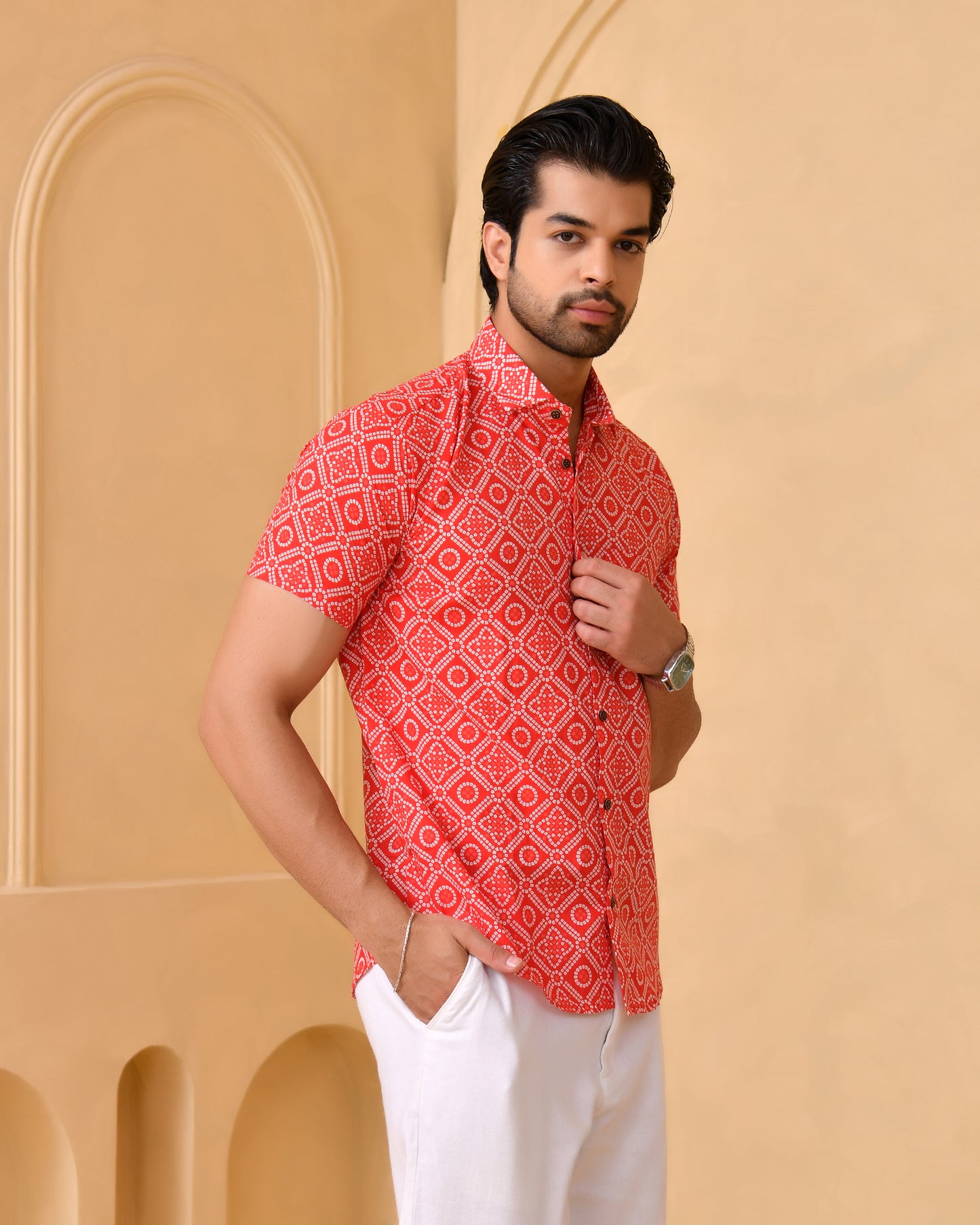 Red Bandhej Half Sleeves Shirt