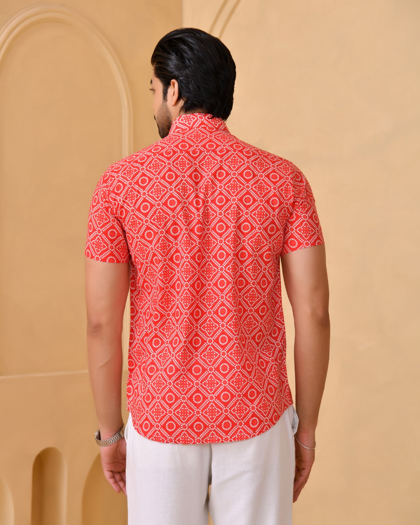 Red Bandhej Half Sleeves Shirt