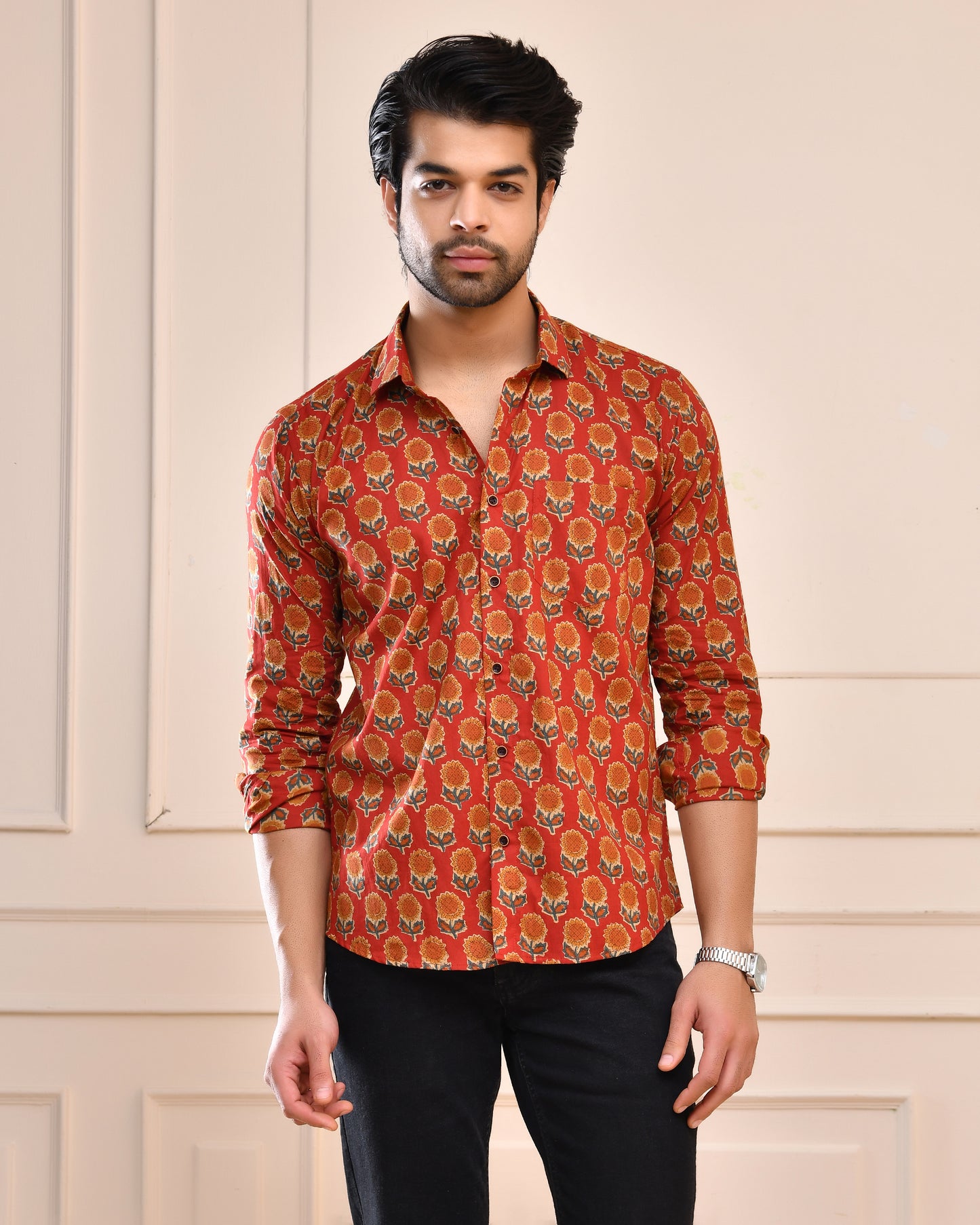 Rust Floral Print Full Sleeve Shirt