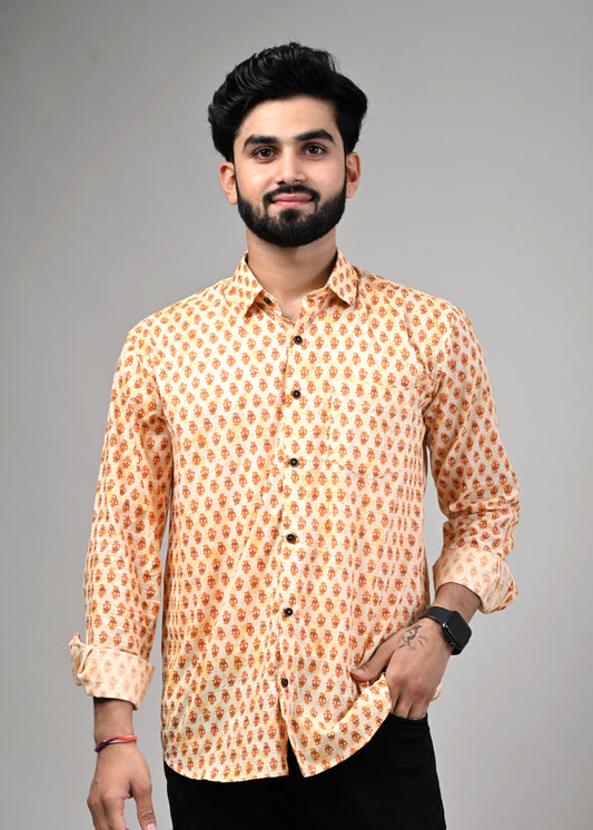 Yellow Leaf Print Full Sleeve Shirt