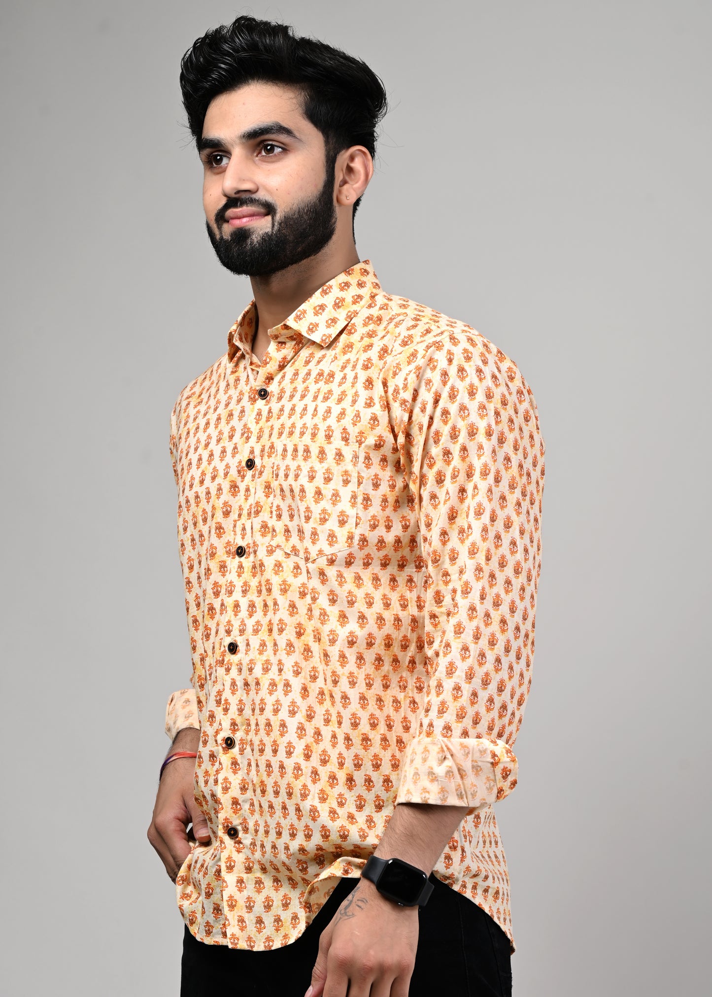 Yellow Leaf Print Full Sleeve Shirt