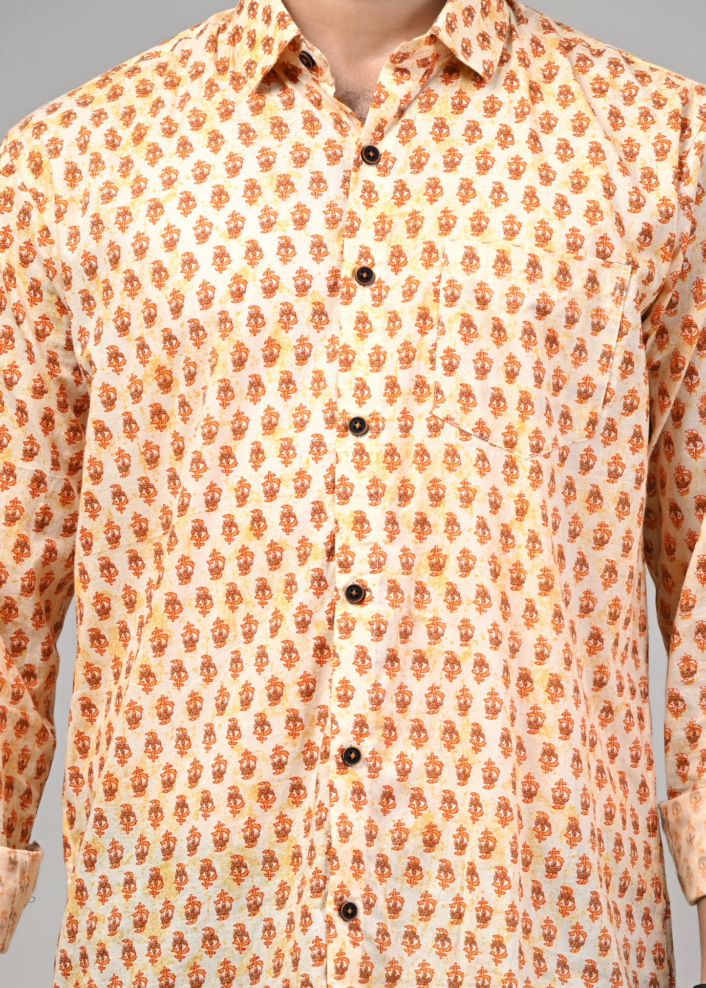 Yellow Leaf Print Full Sleeve Shirt