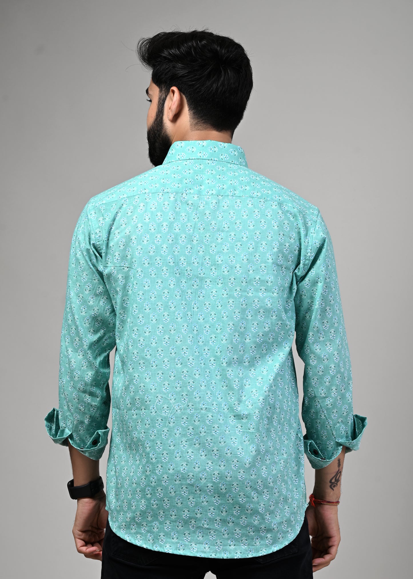 Sea Green Leaf Print Full Sleeve Shirt