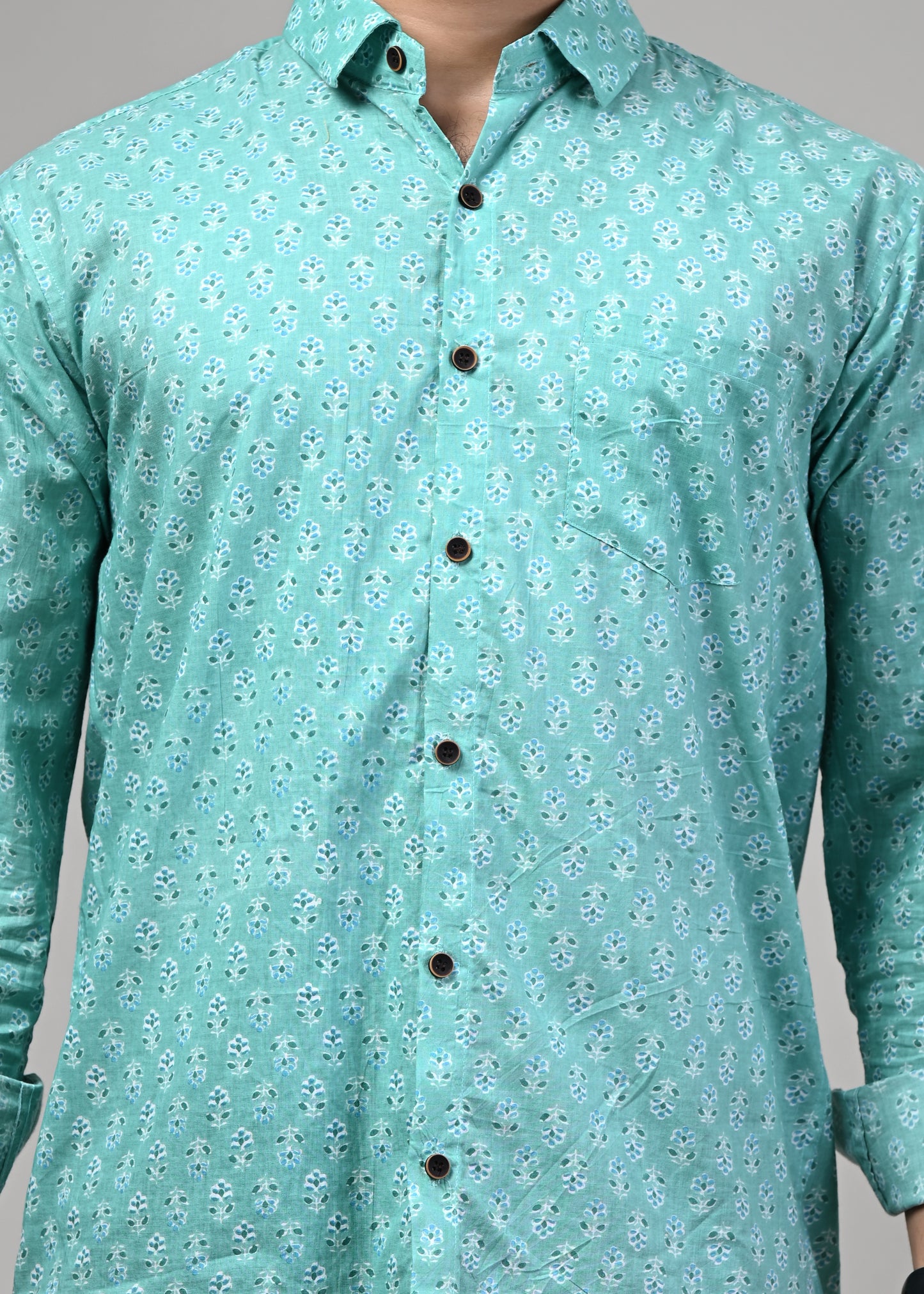 Sea Green Leaf Print Full Sleeve Shirt