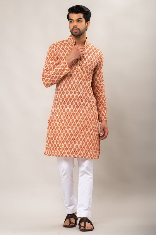 Ruby Red Leaf Printed Men's Long Kurta