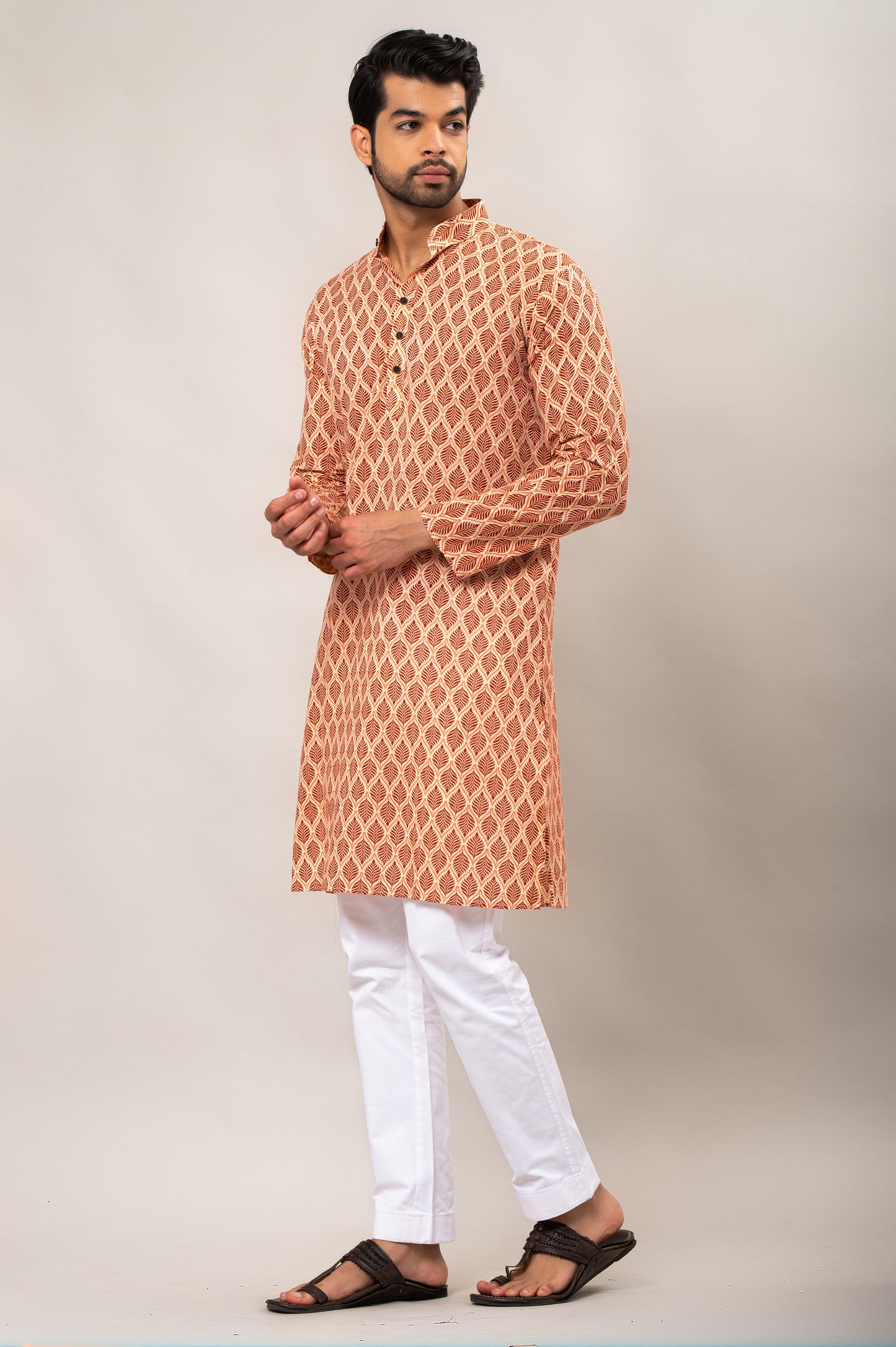 Ruby Red Leaf Printed Men's Long Kurta