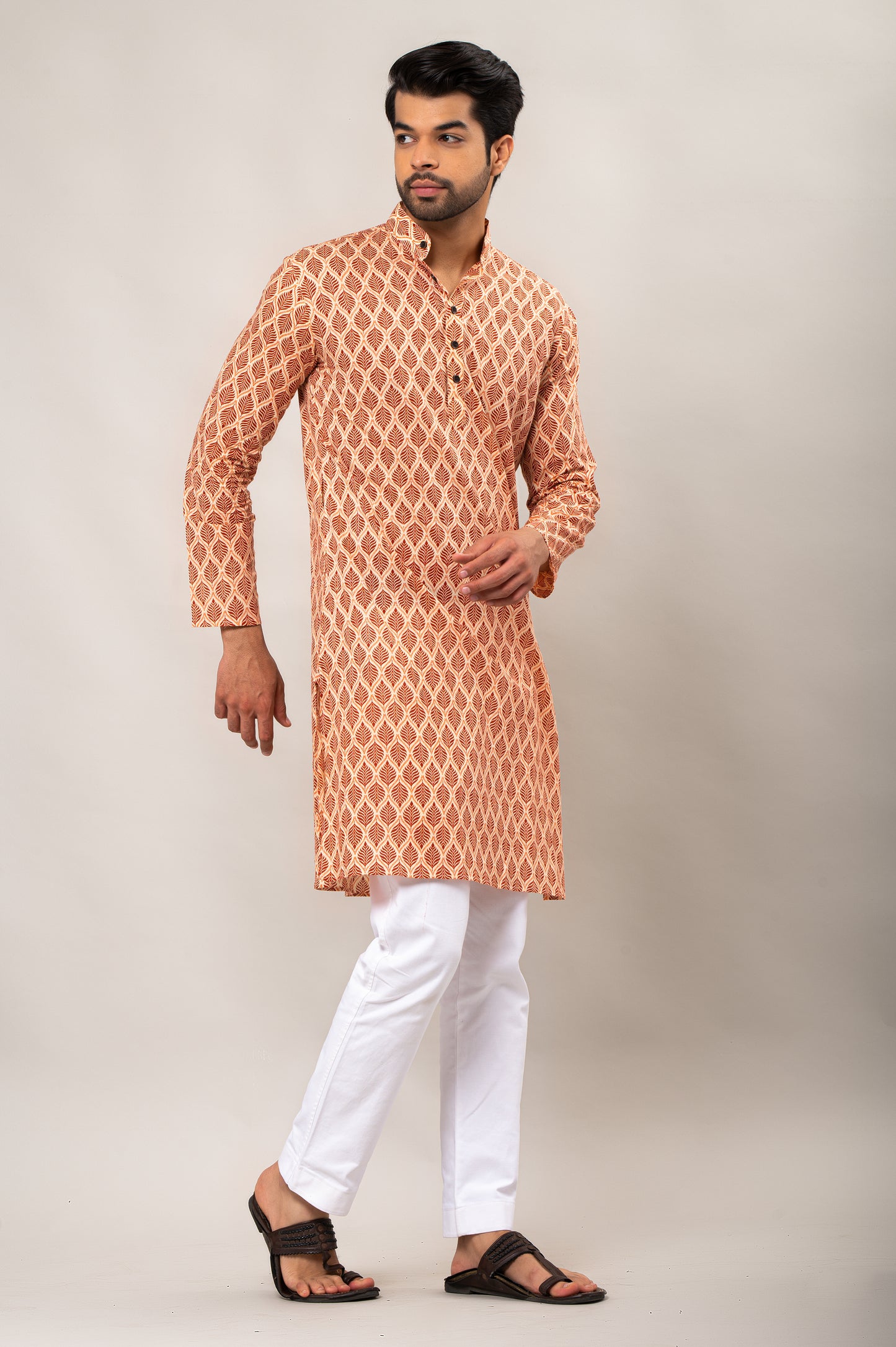 Ruby Red Leaf Printed Men's Long Kurta