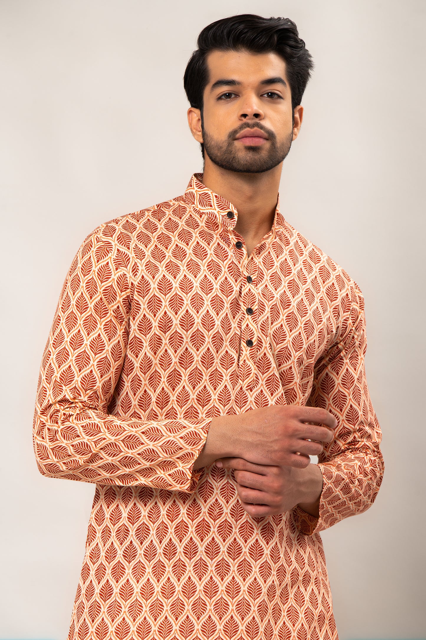 Ruby Red Leaf Printed Men's Long Kurta