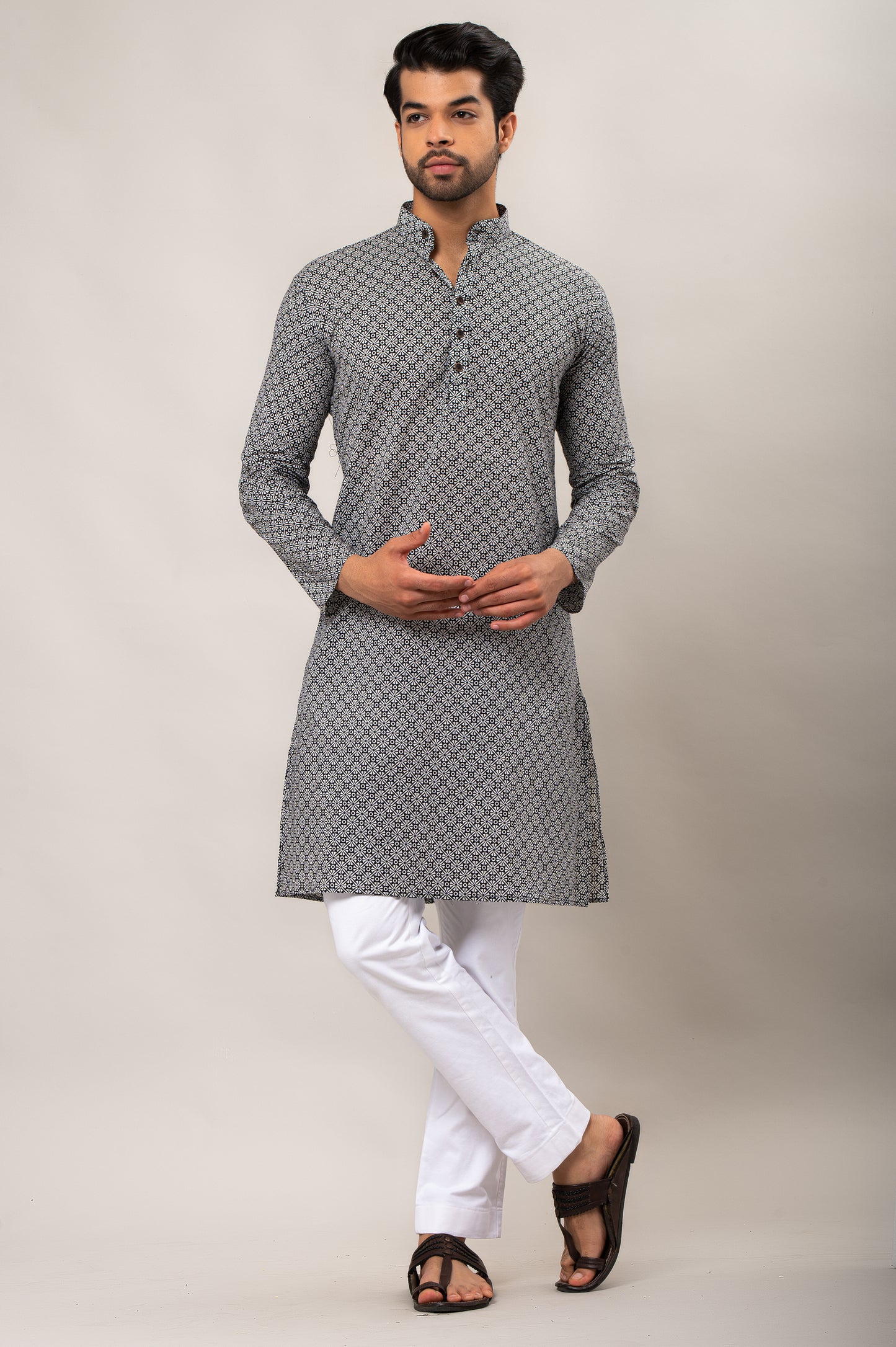 Midnight Halo Pattern Printed Men's Long Kurta