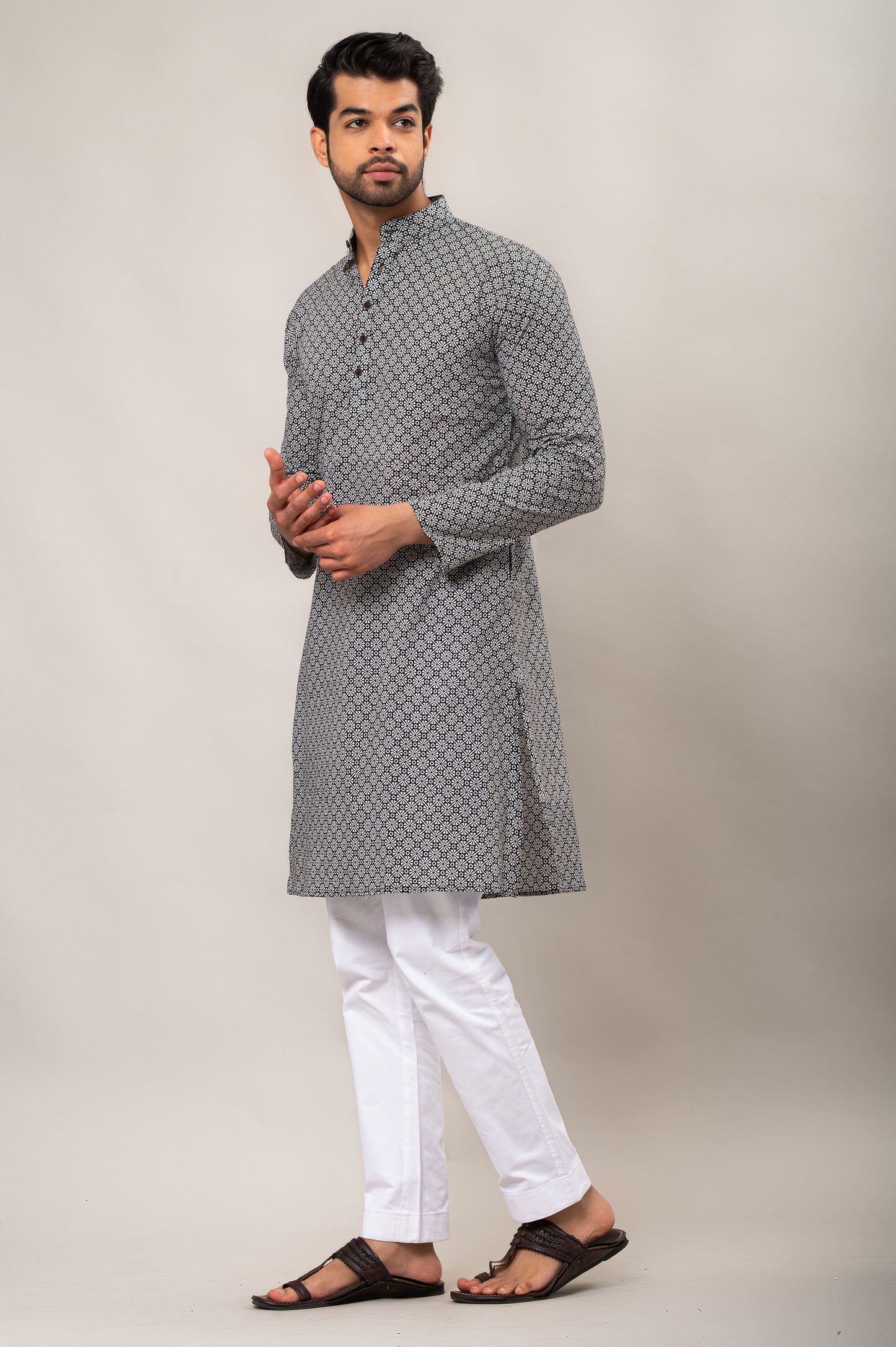 Midnight Halo Pattern Printed Men's Long Kurta