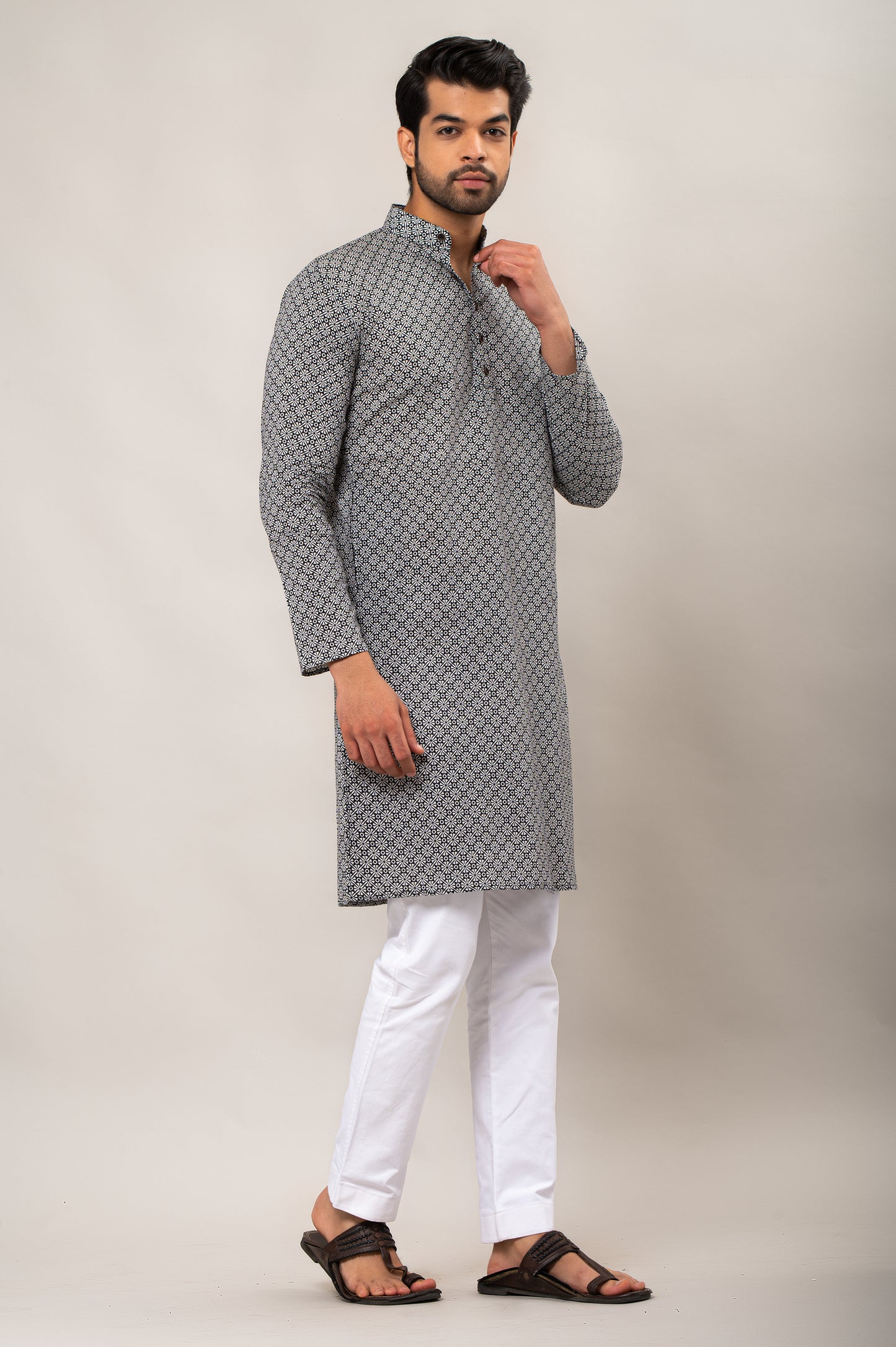 Midnight Halo Pattern Printed Men's Long Kurta