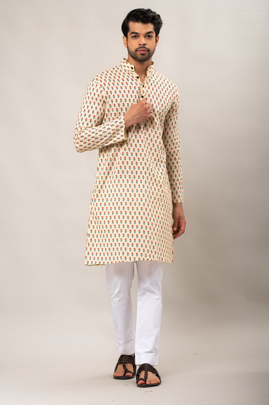 Wine Colored Floral Printed Men's Long Kurta