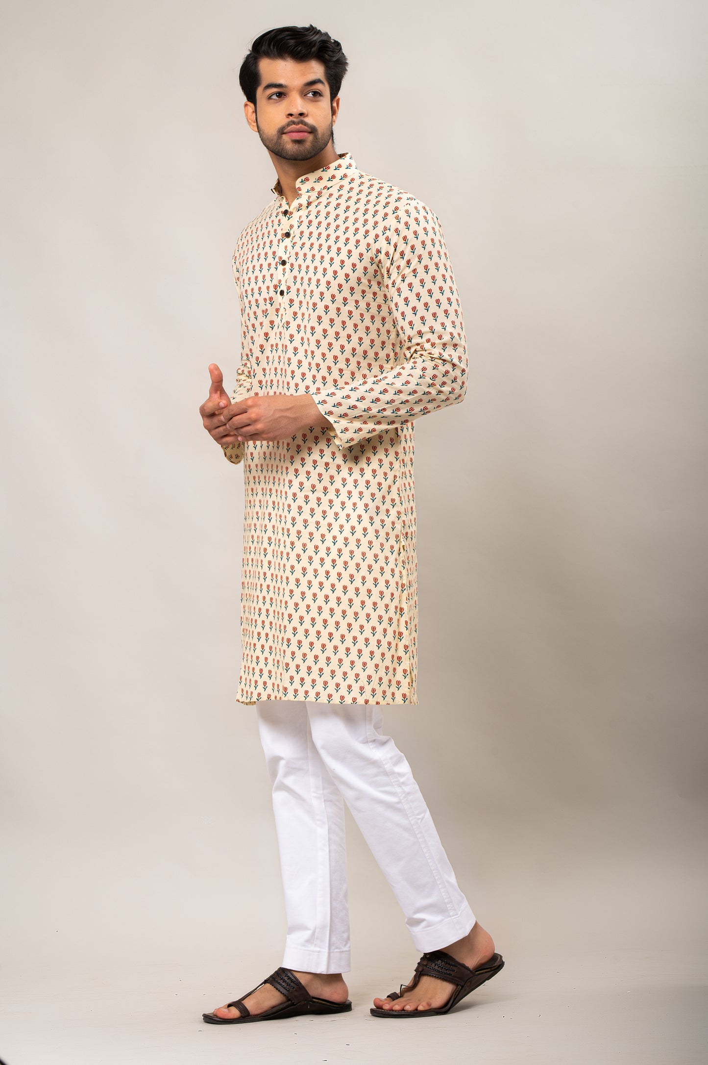 Wine Colored Floral Printed Men's Long Kurta