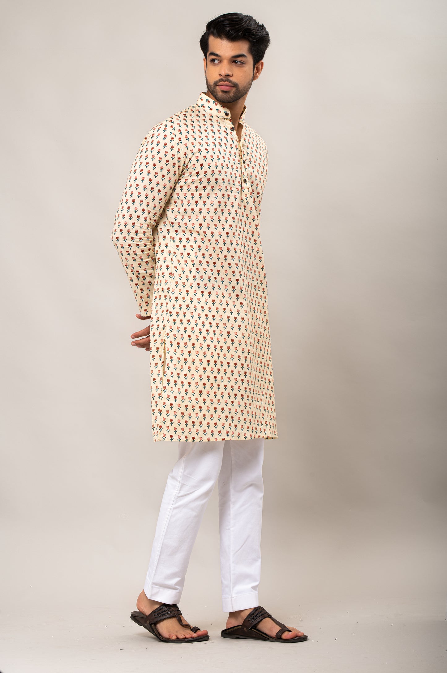 Wine Colored Floral Printed Men's Long Kurta