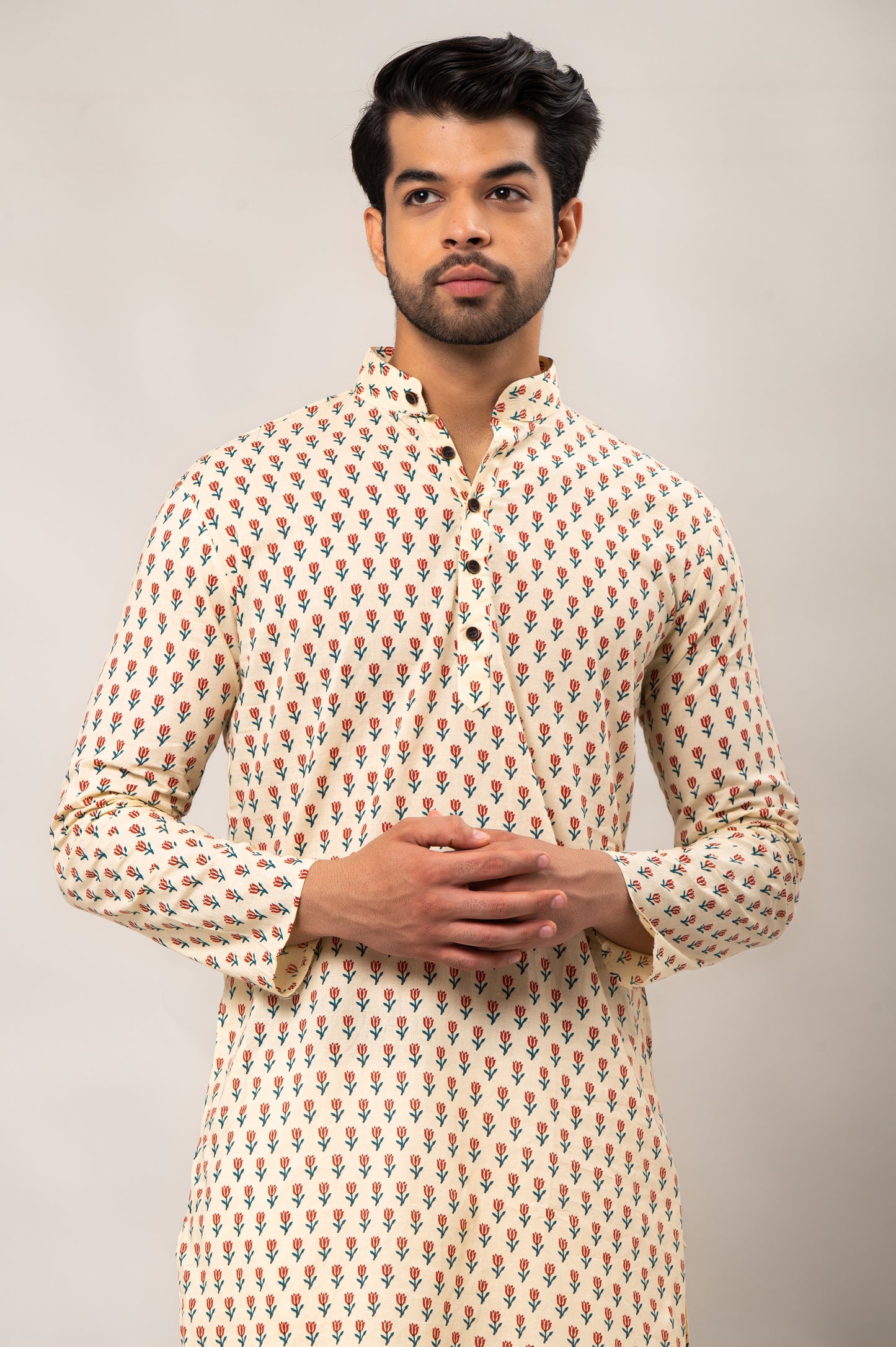 Wine Colored Floral Printed Men's Long Kurta