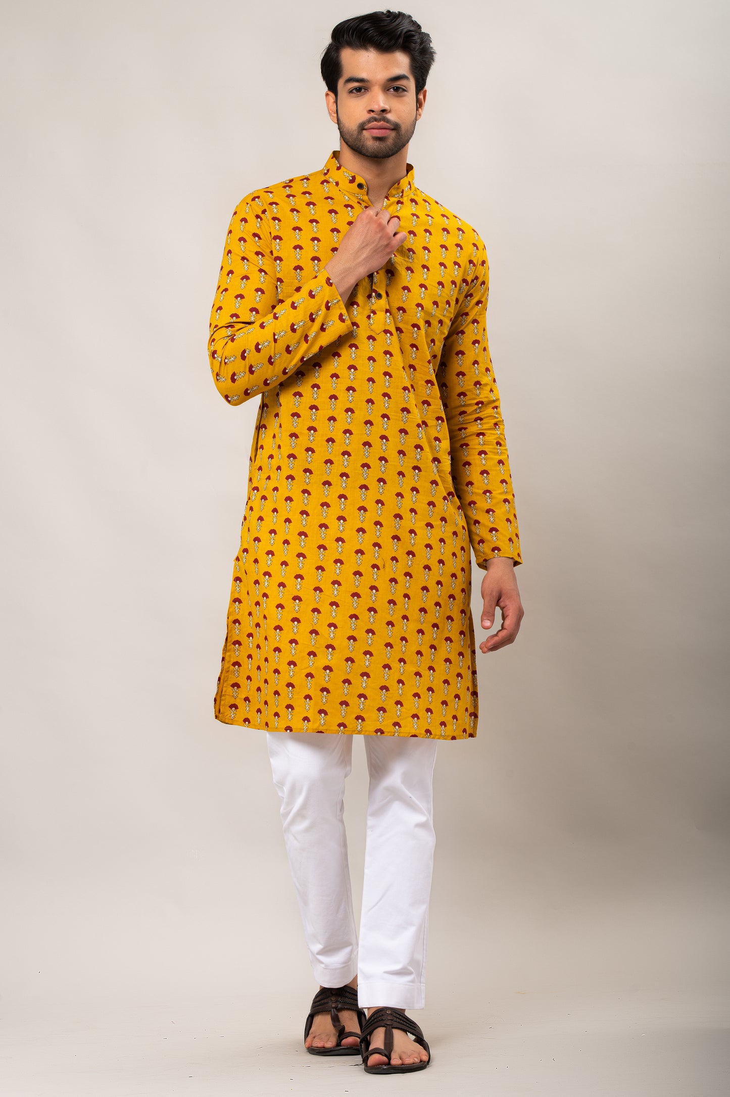 Brick Red Floral Printed Men's Long Kurta