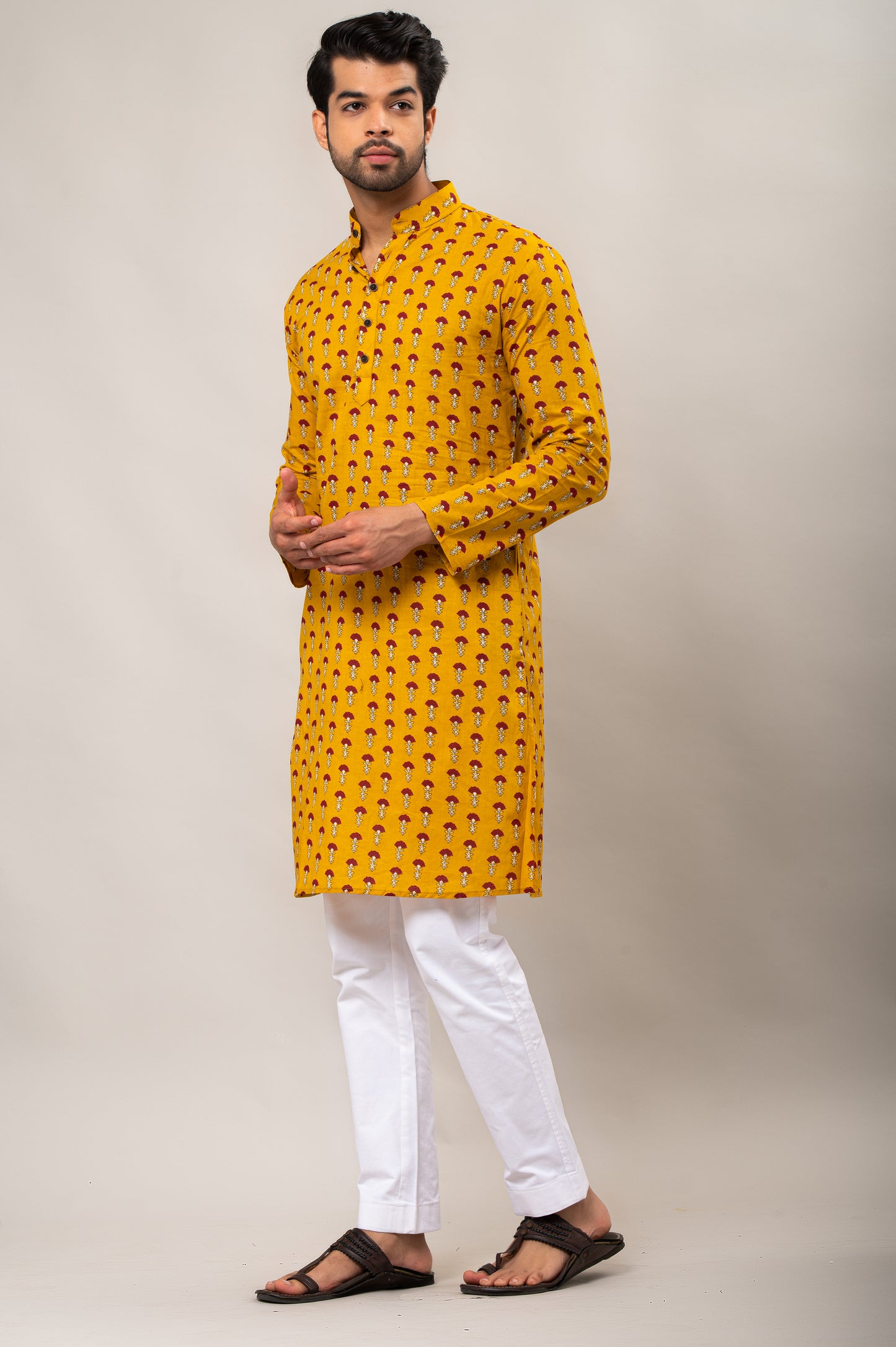 Brick Red Floral Printed Men's Long Kurta