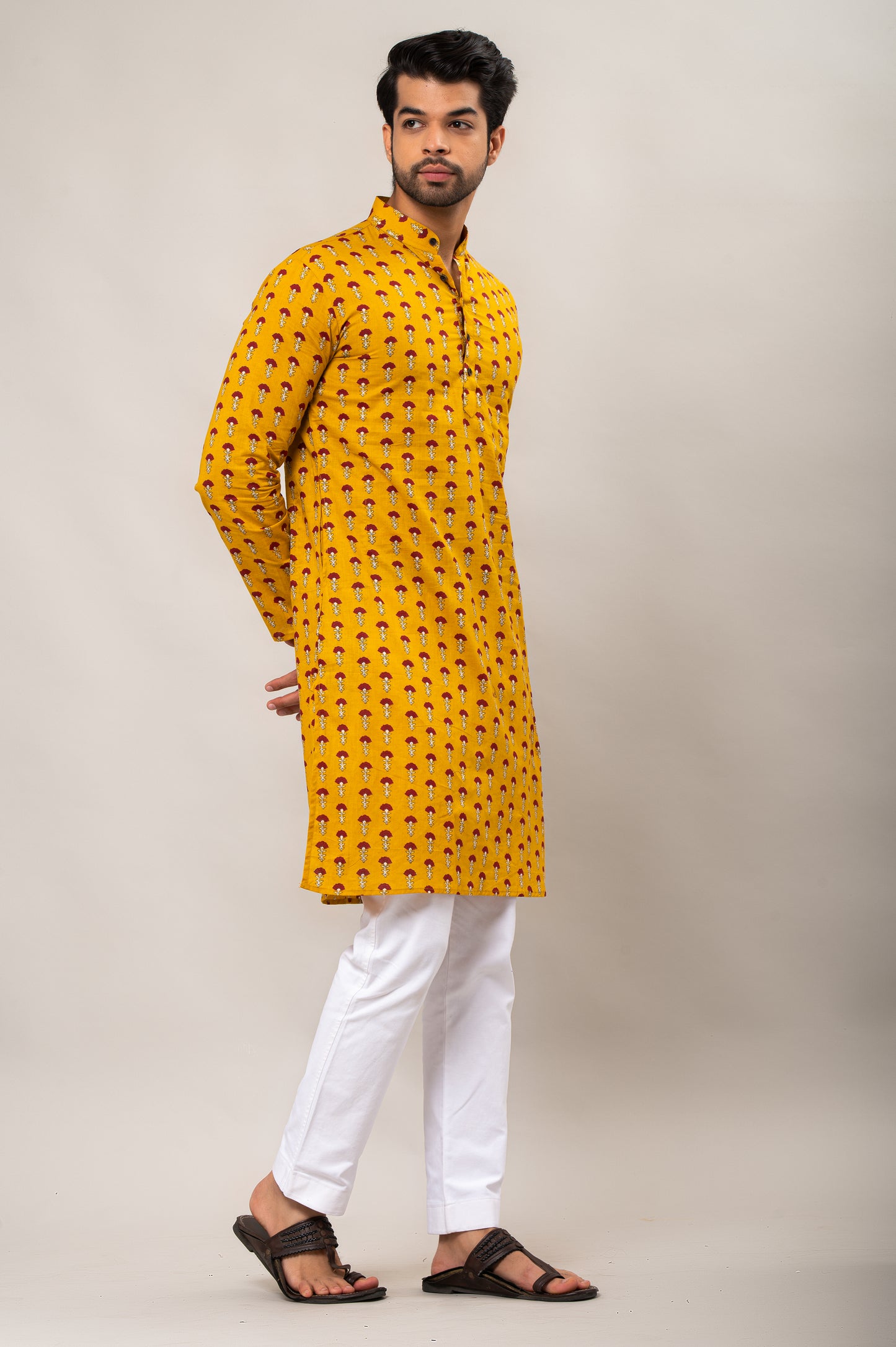 Brick Red Floral Printed Men's Long Kurta