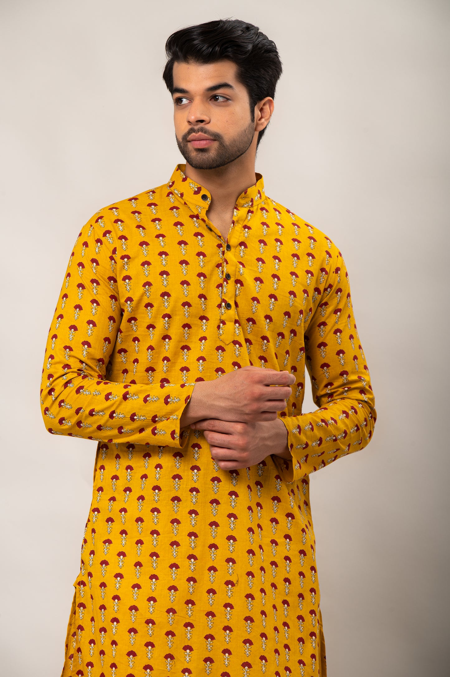 Brick Red Floral Printed Men's Long Kurta