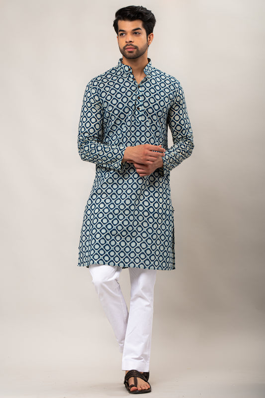 Azure Petal Mandala Printed Men's Long Kurta