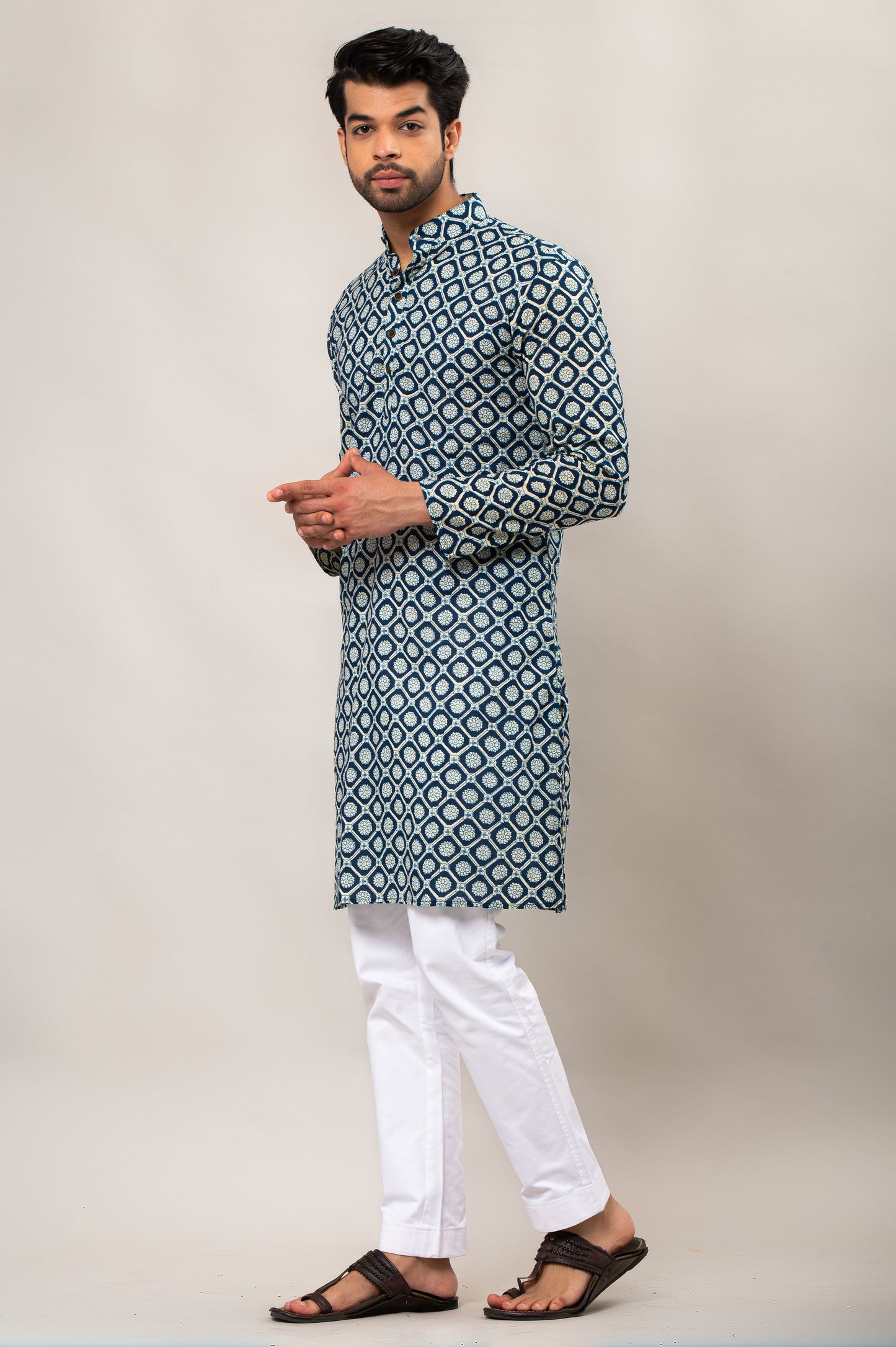 Azure Petal Mandala Printed Men's Long Kurta