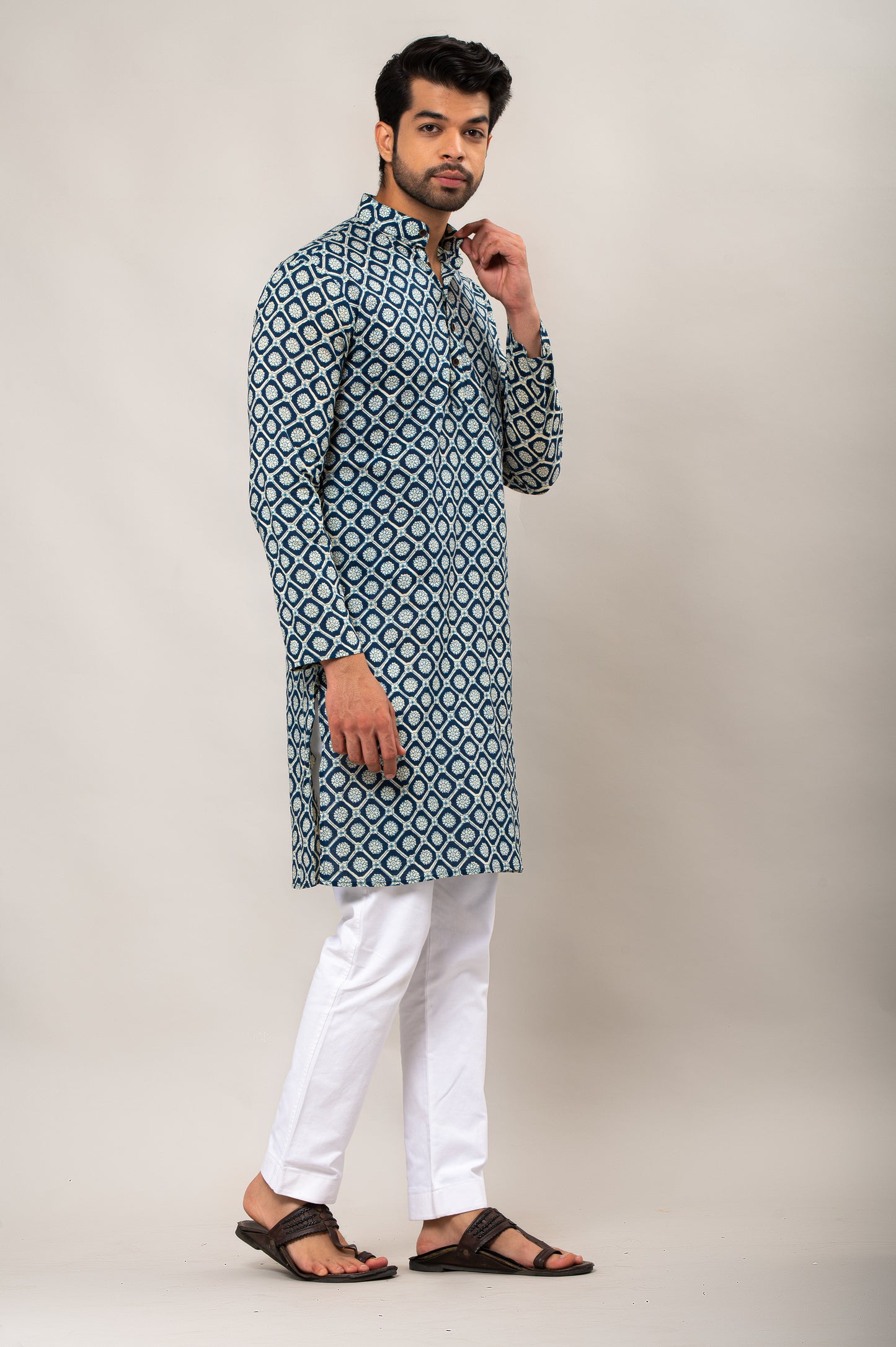 Azure Petal Mandala Printed Men's Long Kurta