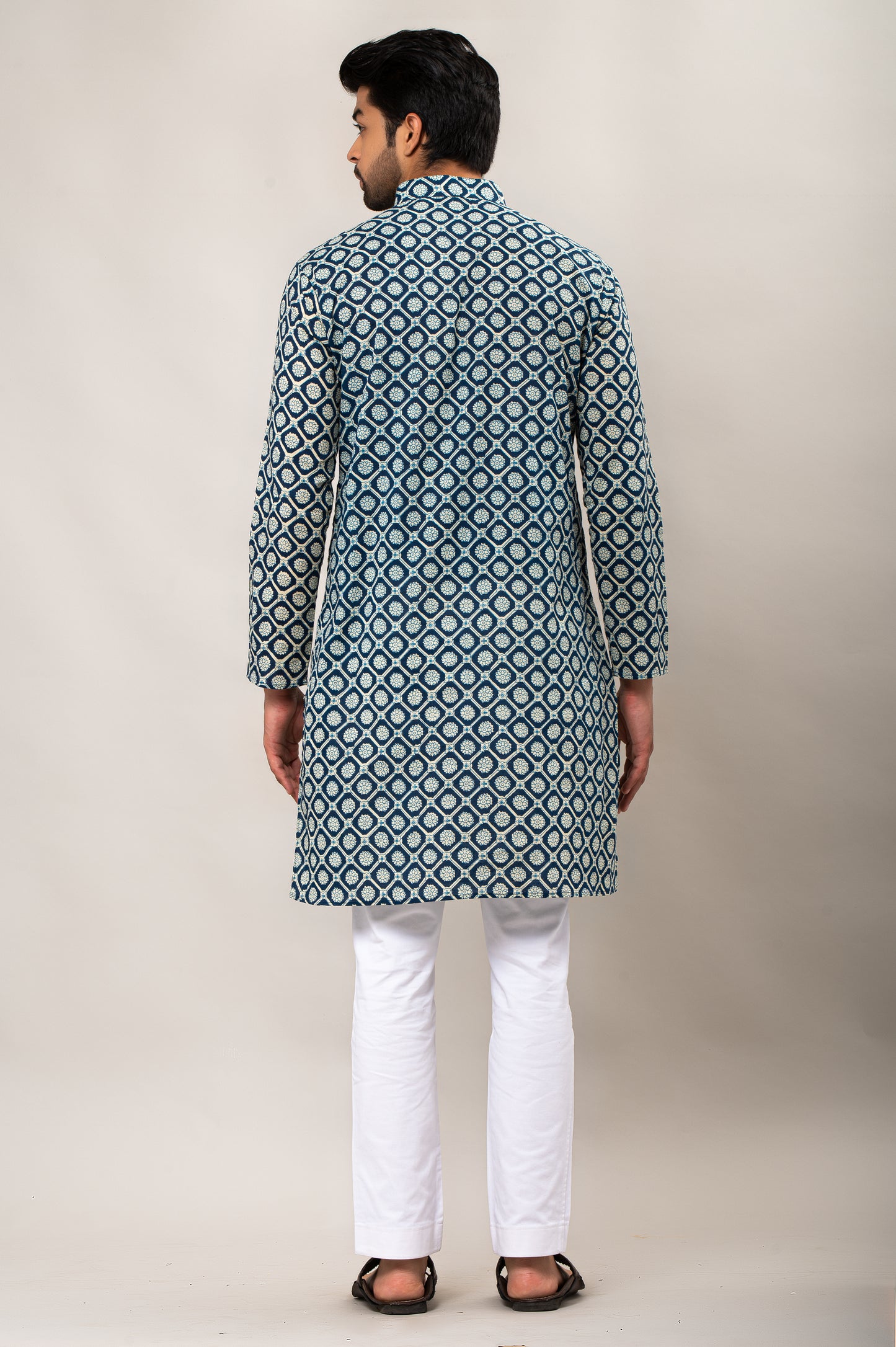 Azure Petal Mandala Printed Men's Long Kurta