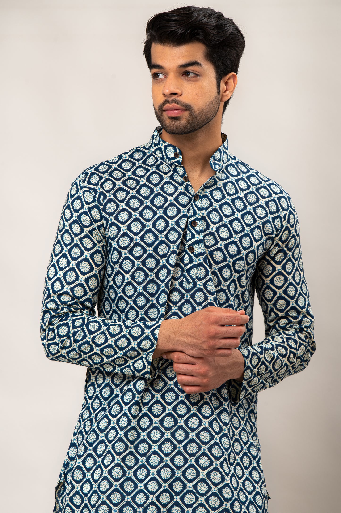 Azure Petal Mandala Printed Men's Long Kurta