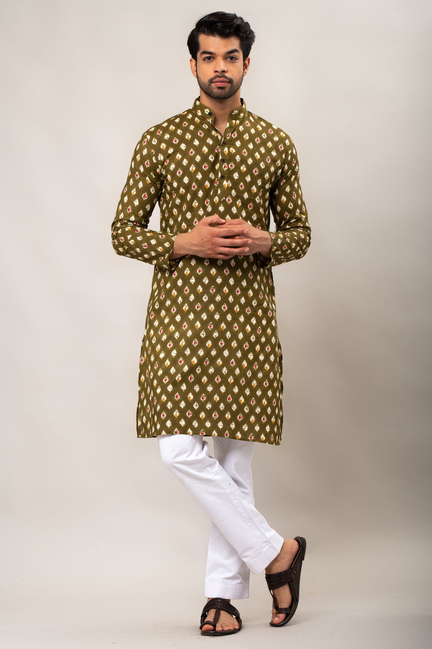 Abstract Leaf Printed Men's Long Kurta