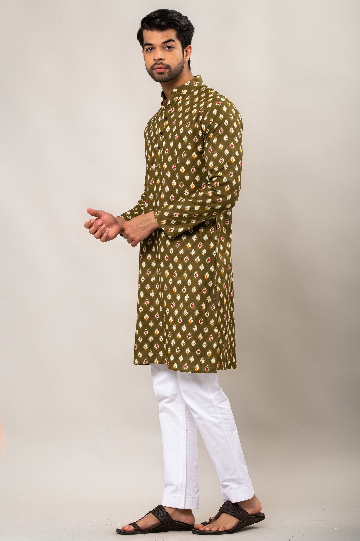 Abstract Leaf Printed Men's Long Kurta