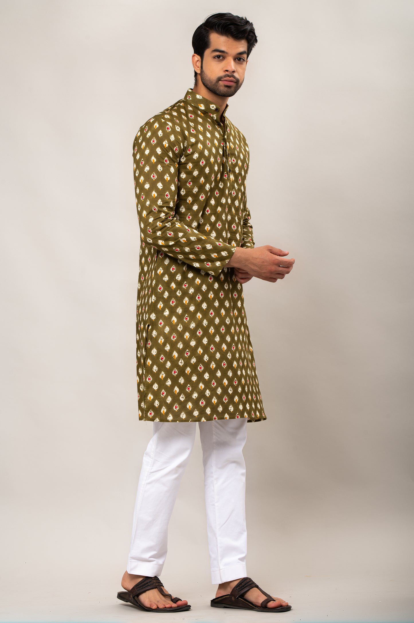 Abstract Leaf Printed Men's Long Kurta