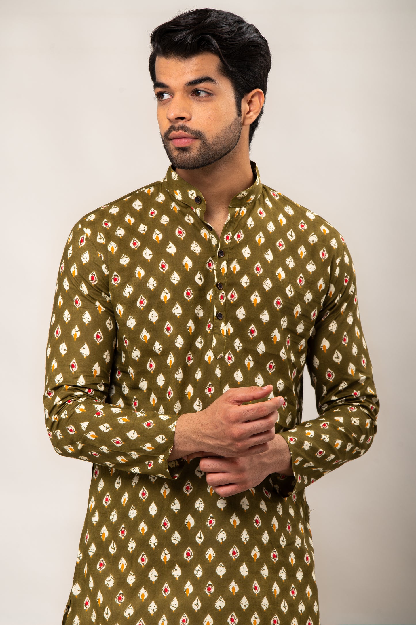 Abstract Leaf Printed Men's Long Kurta