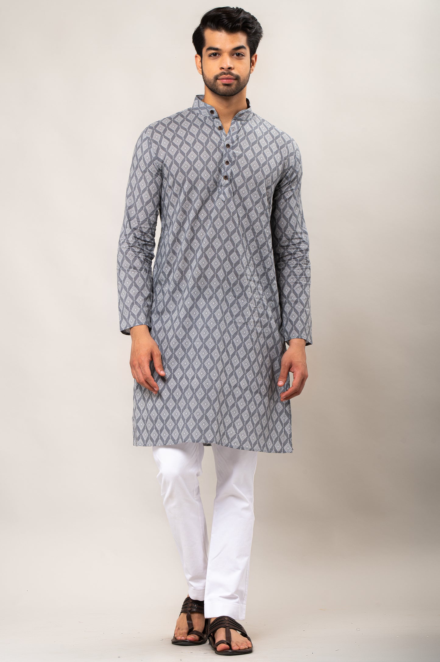 Grey Quad Printed Men's Long Kurta