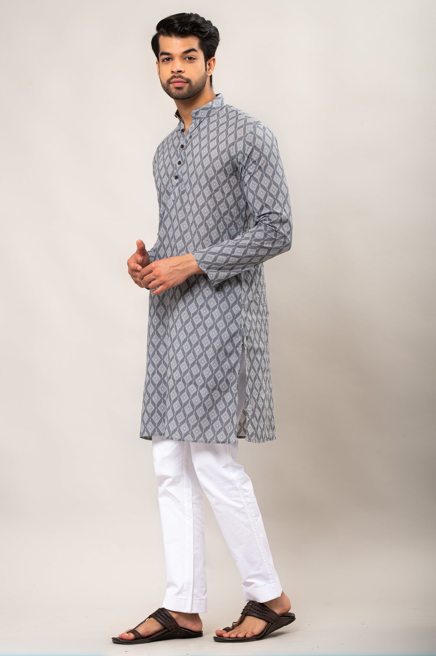 Grey Quad Printed Men's Long Kurta