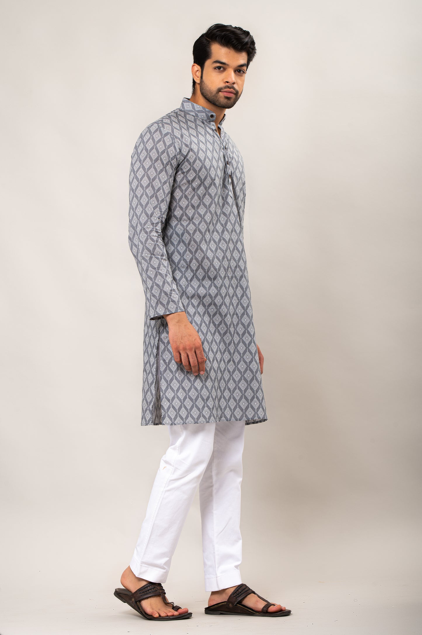 Grey Quad Printed Men's Long Kurta