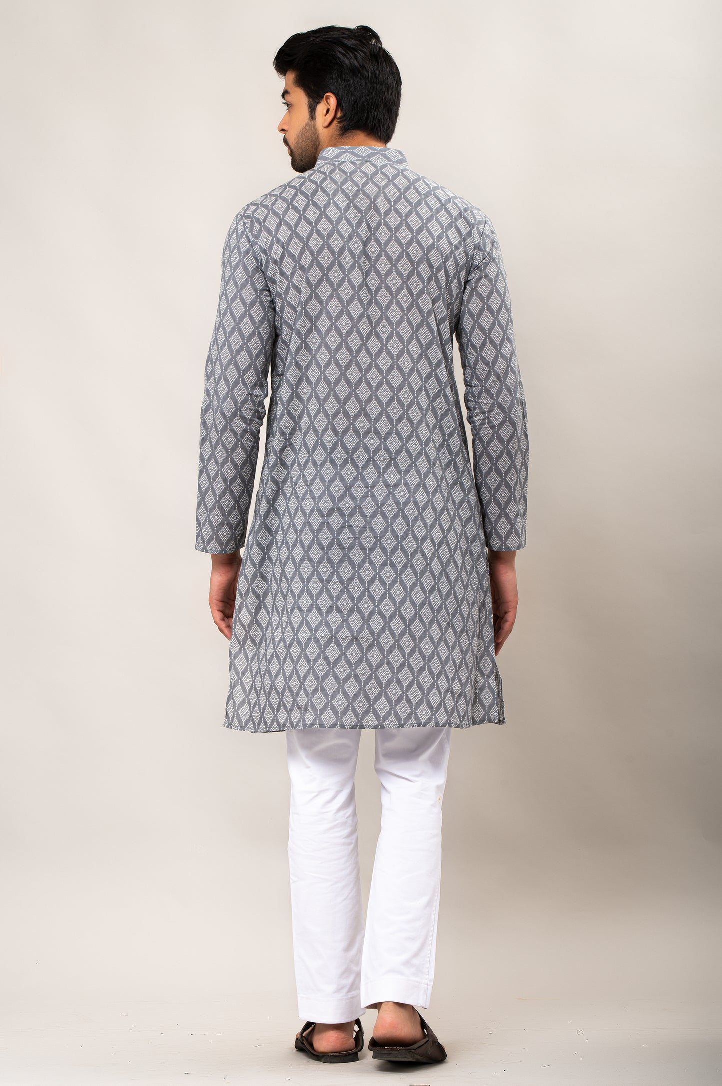 Grey Quad Printed Men's Long Kurta