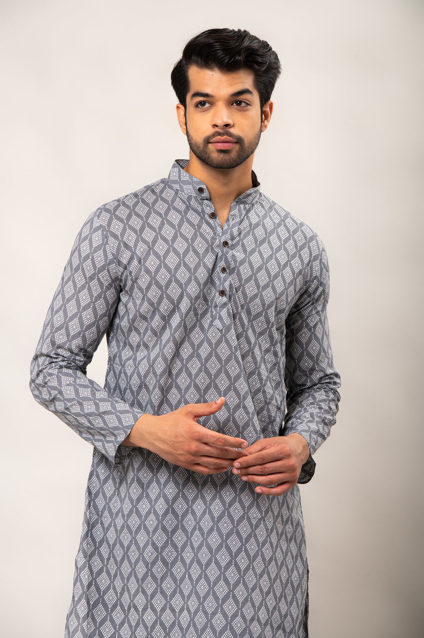 Grey Quad Printed Men's Long Kurta